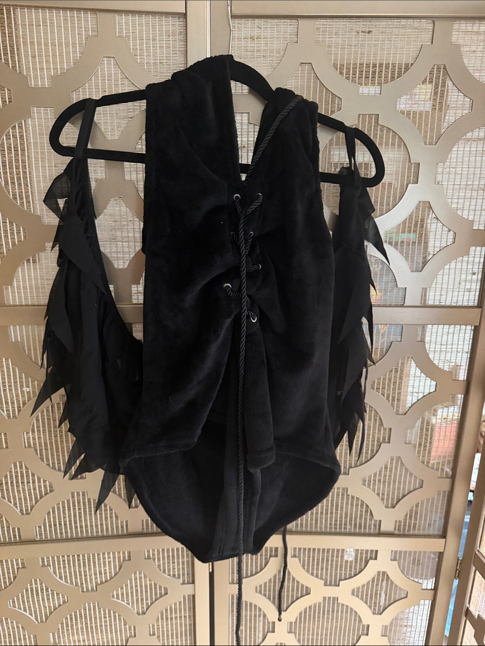 Dolls Kill Black Plush Hooded Vest with Rope Lace-Up crow